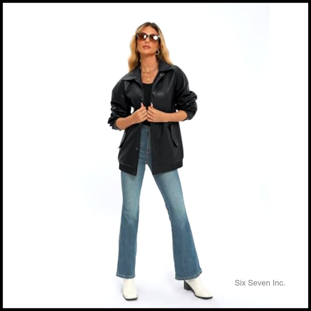 Oversized Faux Leather Biker Jacket Zip Up Motorcycle Style Y2K Trendy - Picture 3 of 5